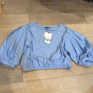 ZARA WOMENS BLUE CROPPED BUBBLE SLEEVE SHIRT NEW LARGE